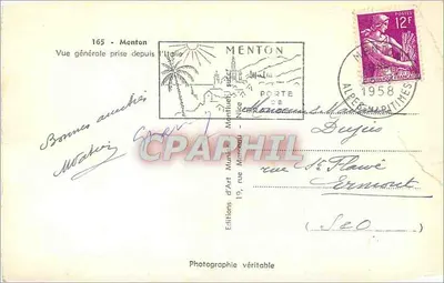 Menton — Ogólny widok z Włoch — Wydawnictwo Art Munier, n°165 — Rewers