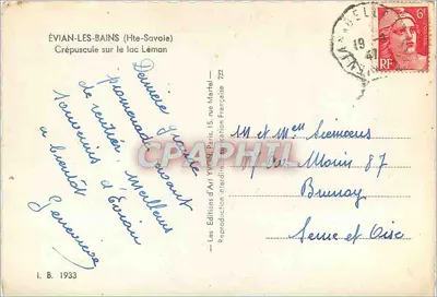 Évian-les-Bains — Widok zachodzącego słońca nad jeziorem Leman — Les Éditions d'Art Yvon Martel — Rewers