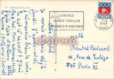 Orléans — Ogólny widok, Katedra św. Krzyża, Plac Martroi, Rue Jeanne d'Arc, Most George V — Souvenir d'Orléans, wydawca ABETAUD, nr 101 — Rewers