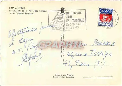 Os pombos da Praça dos Terreiros e a Fonte Bartholdi — Lyon — Edições Gellard — Verso