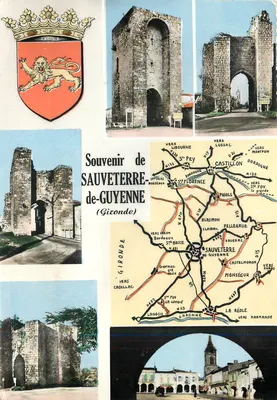 Sauveterre-de-Guyenne — Carte postal com brasão, ruínas e mapa rodoviário — Editor Gombier, n°6