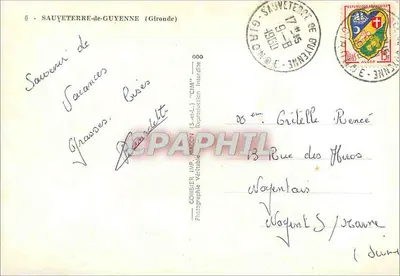 Sauveterre-de-Guyenne — Carte postal com brasão, ruínas e mapa rodoviário — Editor Gombier, n°6 — Verso
