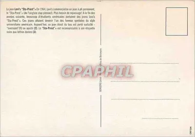 Dois jovens homens em jeans Levi's — propaganda para o modelo Sta-Prest — editor BORGER'S, Unidade Postal 10, 1000 Bruxelas — Verso
