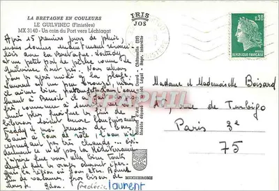 Le Guilvinec — Puerto de pesca con cruz de piedra — Ediciones d'Art Jos, n° 105 — Reverso