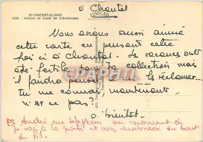 Casa de Clémenceau em Saint-Vincent-sur-Jard — busto diante do jardim florido — editor Lumicap, n° 1539 — Verso