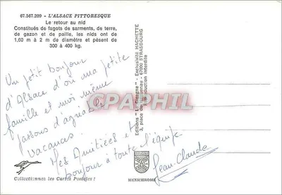 Cigony przy swoim gnieździe — Alzacja — Wydawnictwo Hachette Strasbourg, nr 67.567.209 — Rewers