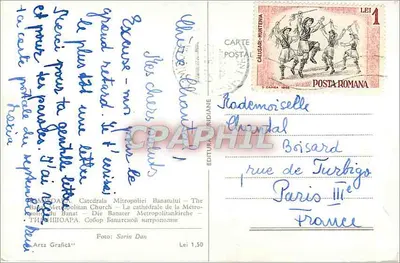 Catedrala Mitropoliei Banatului — A catedral da Metropolia do Banat — Die Banater Metropolitankirche — Sibiu, Romênia — Editor: Editura Postala, n° 1,50 — Verso