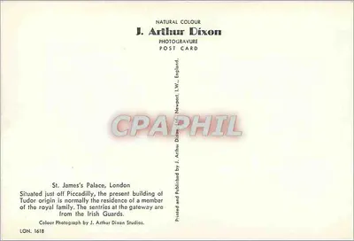 Palácio de St James's, Londres — Origem Tudor, sentinelas dos Guardas Irlandeses — J. Arthur Dixon, LON. 1618 — Verso