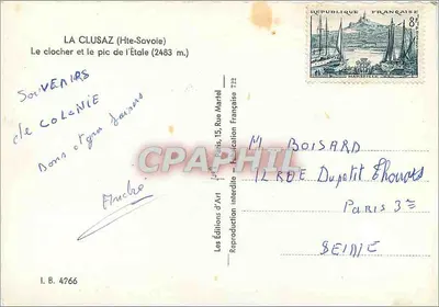 La Clusaz (Alto-Savoie) — O campanário e o pico da Étale (2483 m) — Les Éditions d'Art, n° I.B. 4766 — Verso