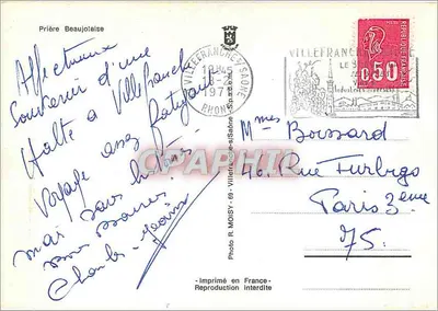 Beaujolais — Humorystyczna karta z tekstem o konsumpcji wina — Foto R. Moisy, Villefranche-sur-Saône — Rewers