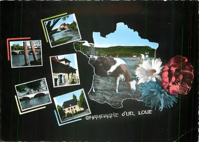 Champagne-sur-Loue — collage artístico com fotos e mapa da França — Éditions du Moulin
