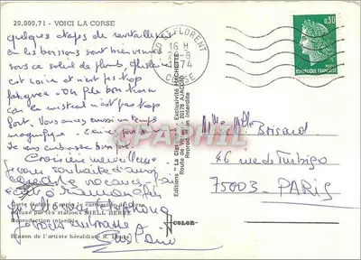 Aqui está a Corse — Carta postal turística com mapa e fotos de locais — Éditions La Cigogne — Verso