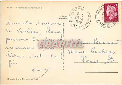 Carta postal Michelin — A Vendée Interior — Editor Artaud, n° 989 — Verso