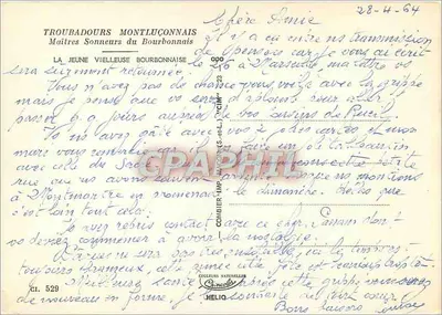 Młoda kobieta z kostiumu tradycyjnego bourbonnais grająca na wiolonczeli — Troubadours Montluçonnais — wydawca Combier, nr 529 — Rewers