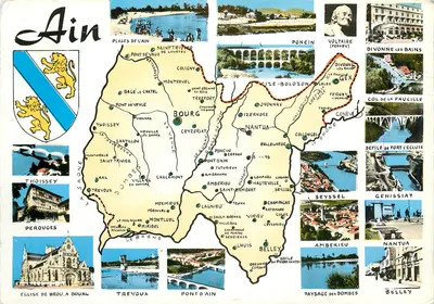 Ain — Carte postale touristique avec carte et photos de lieux — Les Éditions J. Cellard