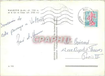 Valberg (A.-M.) e o Col de Crous — Edições Photoguy, série A 788 — Verso