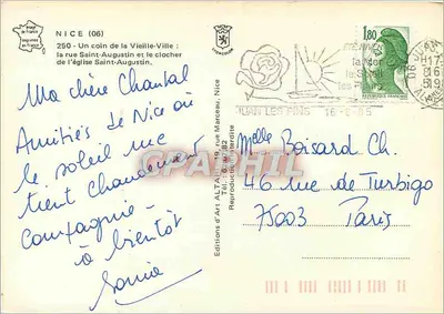 Nice (06) - Um canto da Velha Cidade: a rua Saint-Augustin e a torre da Igreja Saint-Augustin — Editions d'Art Altar, n°250 — Verso