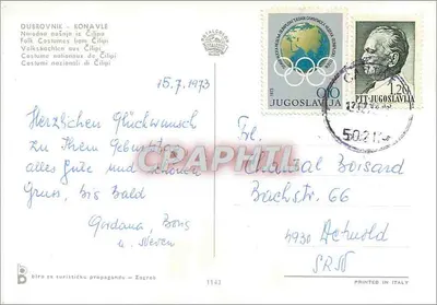 Tańczerstwo folklorystyczne w strojach tradycyjnych — Élipi — wydawca Biro za turističku propagandu, Zagreb, n° 1143 — Rewers