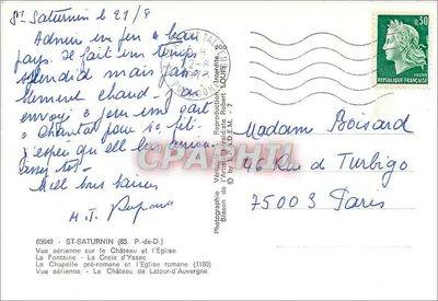 St Saturnin — widok z lotu ptaka zamku i kościoła, fontanna, pre-romanska kaplica — reprodukcja artysty Robert D.E.M. nr 63649 — Rewers