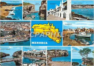 Menorca — Carte postal panorâmica com oito vistas e mapa da ilha