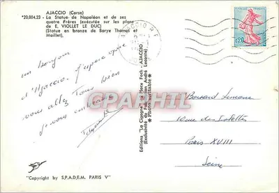 Ajaccio (Córcega) — Estatua de Napoleón y de sus cuatro Hermanos — Ediciones 'La Cigogne' — Reverso