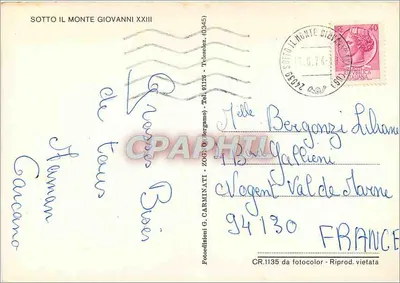 Sotto il Monte Giovanni XXIII — widok panoramiczny z portretem Piusa XII — wydawca Fotodizioni G. Carminati, nr CR.1135 — Rewers