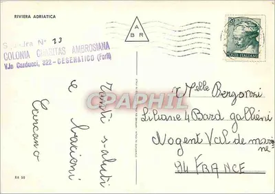 Riviera Adriatycka — Panoramiczna kartka pocztowa z widokiem na plaże Cervia, Gabicce, Riccione, Rimini — wydane przez Colonia Charitas Ambrosiana — Rewers