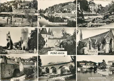 Pont-Aven — Vista panorâmica com o Porto, as Montanhas de Saint-Guénolé, o Castelo do Hénan e a Capela de Trémalo — Edições Gaby, Nantes
