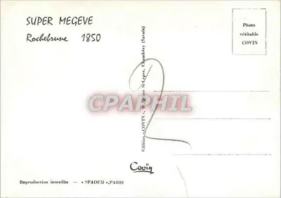 Super Mégève — station de ski avec bâtiment et montagnes enneigées — édition COVIN — Verso