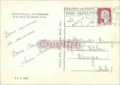 Reims (Marne) - La Cattedrale e la Statua di Giovanna d'Arco — Éditions d'Art, Parigi, n° I.B.C. 3260 — Verso