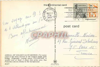 Golden Gate Bridge — widok z lotu ptaka — the Continental card — Rewers