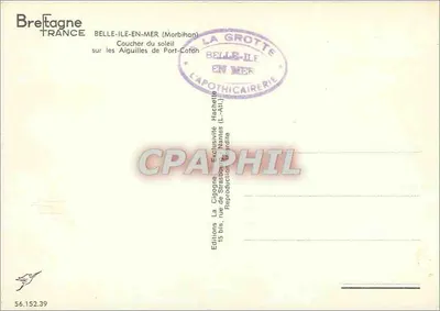 Pôr do sol sobre as Aiguilles de Port-Coton — La Cigogne, editor Bretagne, n° 56.152.39 — Verso