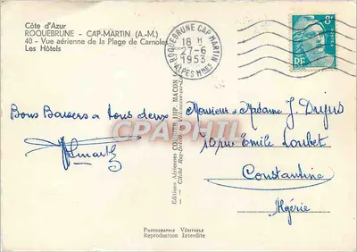 Cap-Martin — Vista aérea da Praia de Carnoles — Edições Aéreas COUBIER — Verso