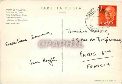 Pátio da Casa Oleza — Palma de Maiorca — Tarjeta Postal, Série II, N° 3455 — Verso