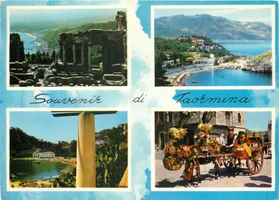 Taormina — Ruínas, praia, paisagem e carruagem — Souvenir di Taormina, edição Milan