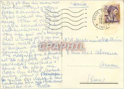 Taormina — Ruínas, praia, paisagem e carruagem — Souvenir di Taormina, edição Milan — Verso