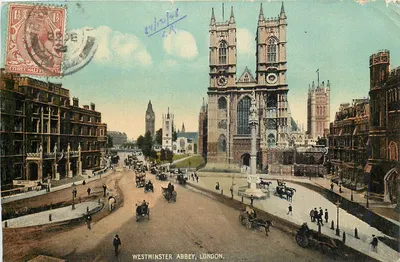 Abadia de Westminster, Londres — vista panorâmica com a torre da torre e o monumento central — editor não identificado