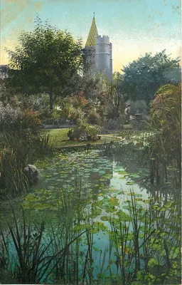 Basel. Spaienthor — vista do parque com torre e lago — Rathe-Fehlmann, n° 9031