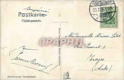 Kloster Heisterbach — Ruiny gotyckie i fontanna — wydawca nieznany — Rewers