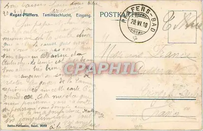 Ragaz-Pfäffers — Schlucht da Tamina — editor Rathe-Pehlmann, Basel, n° 9069 — Verso