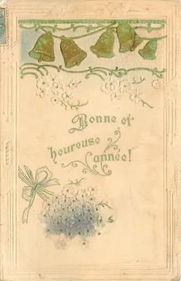 Bom e feliz ano! — Carta de boas-vindas com sinos e flores — Editor não identificado