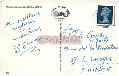 Abadia de Westminster e Big Ben — Série Natural Colour — The Photographic Greeting Card Co. Ltd., Londres, n°184 — Verso