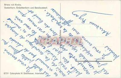 Brienzen z kościołem — Sustenhorn, Gwächtenhorn i Benzlaui stock — H. Steinbauer, Interlaken — Rewers