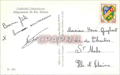 Carnac (Morbihan) — Alinhamentos de Ker Ménece — Edições de Arte, n° B. 652 — Verso