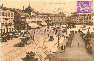 Nice - Placo Masséna — vista da praça com trem e carros — edição especial Tabacs - Nice, n°100