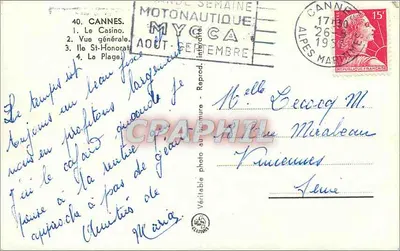 Cannes — Ogólny widok, Kasyno, Wyspa Świętego Honorata, Plaża — Wydawnictwo Mycoca — Rewers