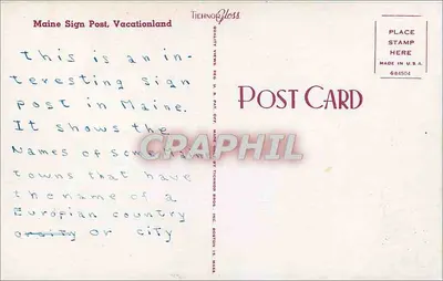 Painel de Sinalização de Maine, Vacationland — Tichnor Bros. Inc. Boston 15 Mass. — Verso