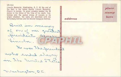 Lincoln Memorial — Washington, D.C. — Mierro-Nome Card Co., Inc., San Francisco, Calif. — N° UN-13-A — Rewers