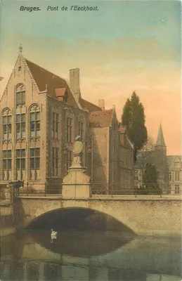 Bruges. Ponte de l'Eeckhout. — Vista da ponte com estátua e edifícios góticos — n° 270