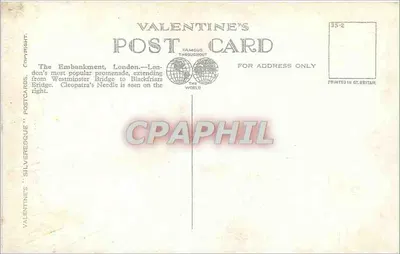 Thames Embankment, Londres — vista panorâmica — Valentine's Postcards n° 220/150 — Verso
